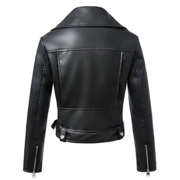 Black faux leather jacket with collar and belt - Picture 2 of 3